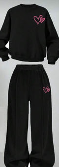 Black Sweatsuit Set with Pink Heart Embroidery