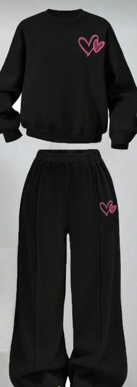Black Sweatsuit Set with Pink Heart Embroidery