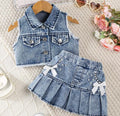 Denim Vest and Pleated Skirt Set with Bow Details